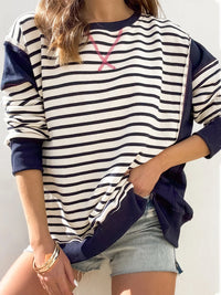 Slit Exposed Seam Striped Long Sleeve Sweatshirt Trendsi