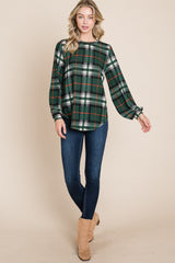 BOMBOM Curved Hem Plaid Round Neck Long Sleeve Top Trendsi