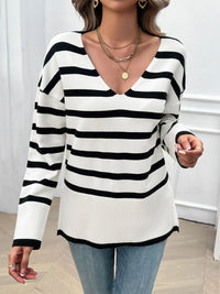 Striped V-Neck Long Sleeve Knit Top Trendsi