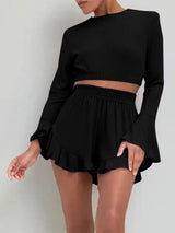 Round Neck Long Sleeve Top and Ruffled Shorts Set Trendsi