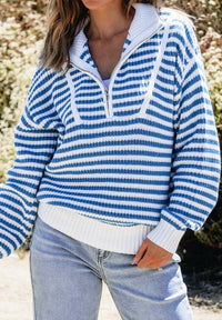 Striped Half Zip Mock Neck Long Sleeve Sweater Trendsi