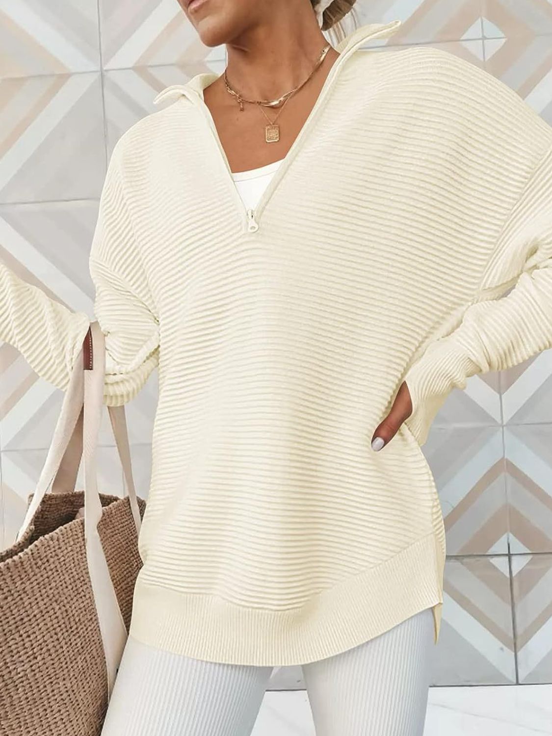 Half Zip Long Sleeve Knit Top Trendsi