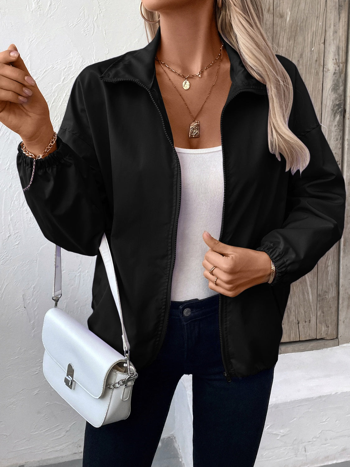 Pocketed Zip Up Long Sleeve Jacket Trendsi