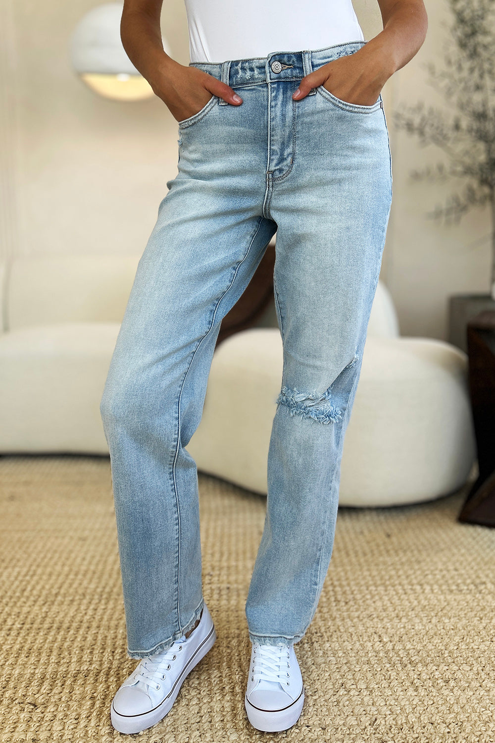 Judy Blue Full Size High Waist Distressed Straight Jeans Trendsi