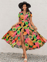 Tropical Print V-Neck Short Sleeve Midi Dress