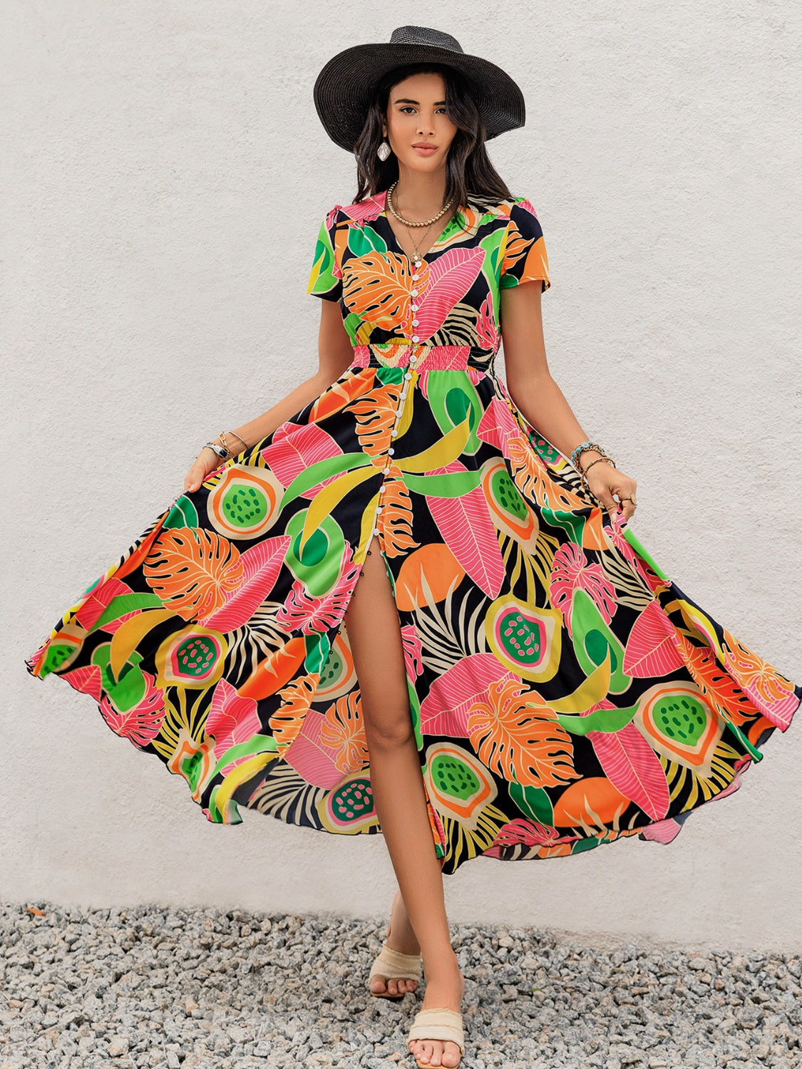 Tropical Print V-Neck Short Sleeve Midi Dress