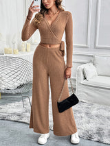 Perfee Surplice Long Sleeve Top and Pants Set Trendsi