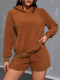 Long Sleeve Hoodie and Pocketed Shorts Set Trendsi