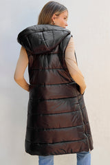 Longline Hooded Sleeveless Puffer Vest Trendsi