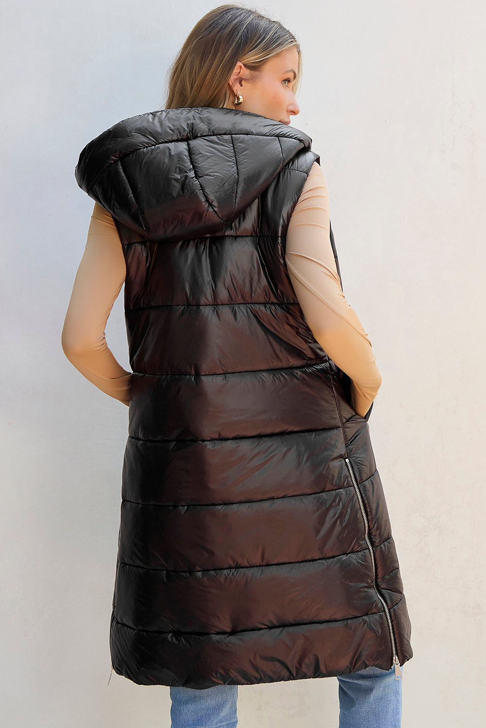 Longline Hooded Sleeveless Puffer Vest Trendsi