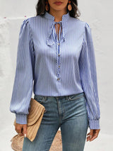 Striped Tie Neck Long Sleeve Blouse Trendsi