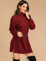 Perfee Slit Turtleneck Long Sleeve Mini Sweater Dress Trendsi