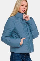 Zenana Zip Up Turtleneck Puffer Jacket with Pockets Trendsi