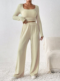 Scoop Neck Long Sleeve Top and Pants Set Trendsi