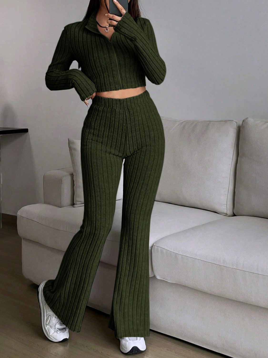 Zip Up Long Sleeve Top and Pants Set Trendsi