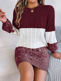 Cable-Knit Round Neck Color Block Sweater Dress Trendsi