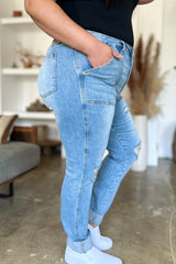 Judy Blue Full Size Distressed Straight Jeans with Patch Pockets Trendsi