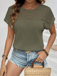 Waffle-Knit Round Neck Short Sleeve Top Trendsi