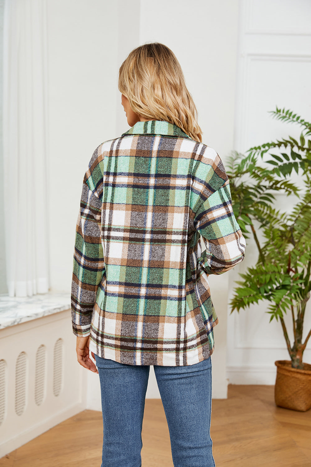 Button Down Collared Plaid Shacket Trendsi