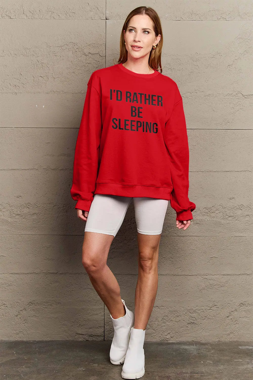 Simply Love Full Size I'D RATHER BE SLEEPING Round Neck Sweatshirt Trendsi