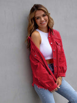 Distressed Drop Shoulder Denim Jacket Trendsi