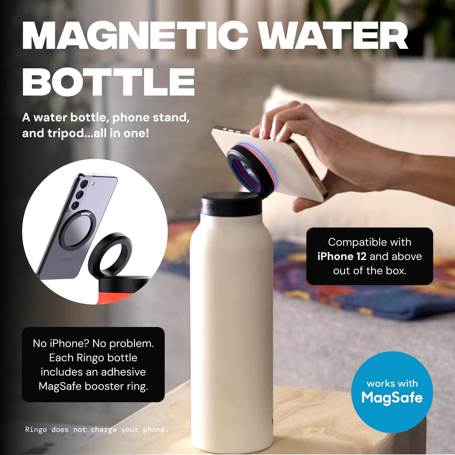 Insulated Water Bottle Compatible Magsafe Water Bottle with Phone Holder,Stainless Steel Water Bottle with Magnetic Phone Tripod