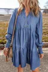 Tiered Johnny Collar Long Sleeve Denim Dress Trendsi