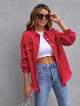 Distressed Drop Shoulder Denim Jacket Trendsi