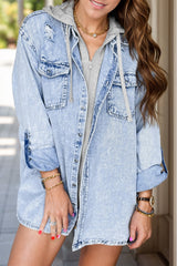 Distressed Button Up Long Sleeve Denim Jacket Trendsi