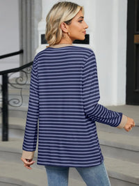 Pocketed Striped Round Neck Long Sleeve T-Shirt Trendsi