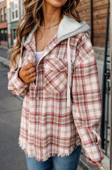 Plaid Raw Hem Drawstring Hooded Jacket Trendsi