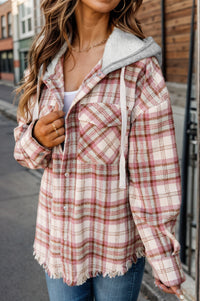 Plaid Raw Hem Drawstring Hooded Jacket Trendsi