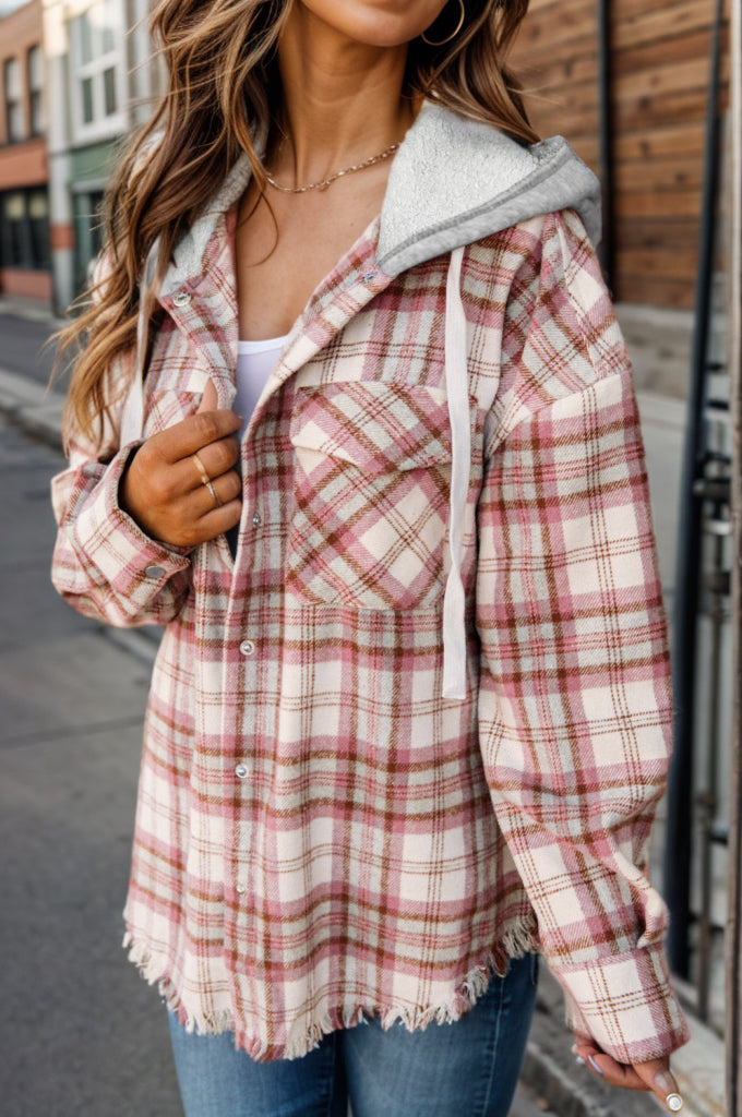 Plaid Raw Hem Drawstring Hooded Jacket Trendsi