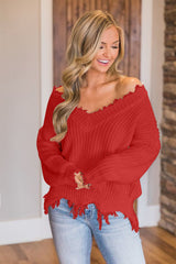 Frayed Hem Dropped Shoulder Sweater Trendsi