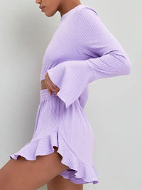 Round Neck Long Sleeve Top and Ruffled Shorts Set Trendsi