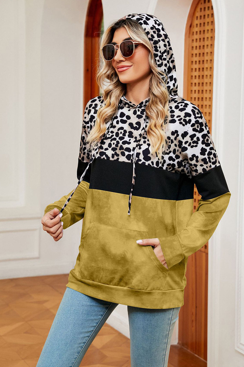 Leopard Drawstring Hoodie with Pocket Trendsi