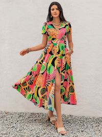 Tropical Print V-Neck Short Sleeve Midi Dress