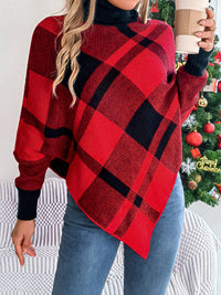 Plaid Turtleneck Batwing Sleeve Sweater Trendsi