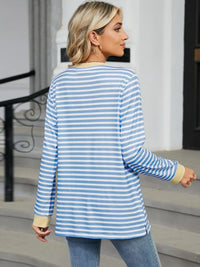 Pocketed Striped Round Neck Long Sleeve T-Shirt Trendsi