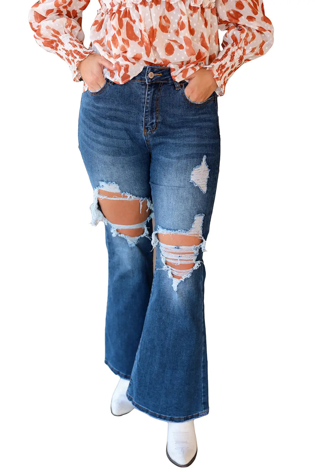 Blue High Waist Distressed Cutout Flare Leg Jeans-9