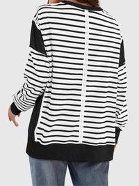 Slit Exposed Seam Striped Long Sleeve Sweatshirt Trendsi