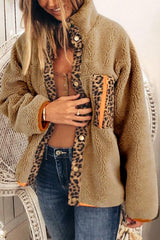 Leopard Patchwork Buttoned Fleece Coat Jade