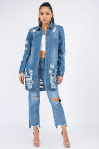 American Bazi Distressed Button Down Denim Shirt Jacket Trendsi