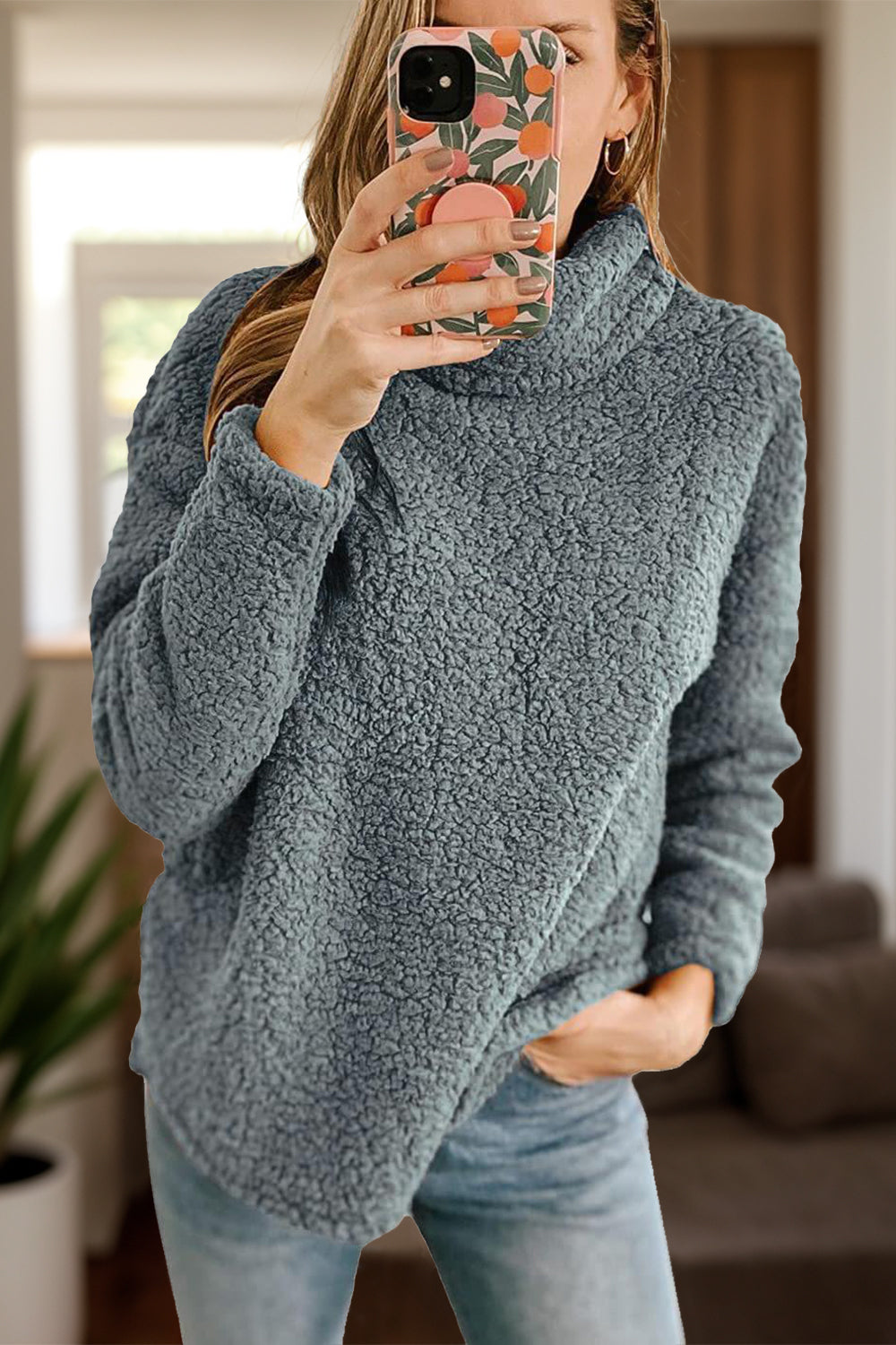 Fuzzy Turtleneck Long Sleeve Sweatshirt Trendsi