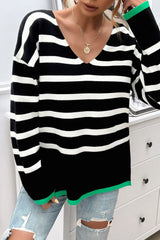 Striped V-Neck Long Sleeve Knit Top Trendsi