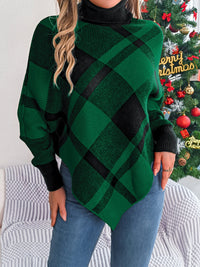 Plaid Turtleneck Batwing Sleeve Sweater Trendsi