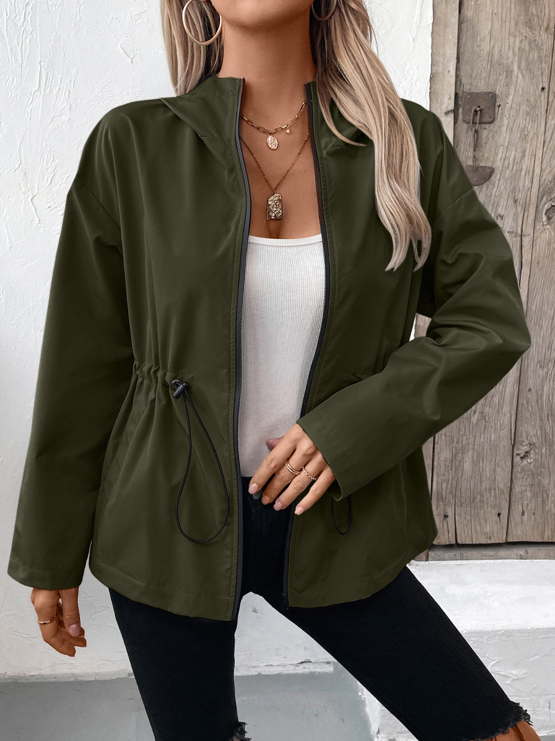 Drawstring Zip Up Hooded Jacket Trendsi