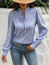 Striped Tie Neck Long Sleeve Blouse Trendsi