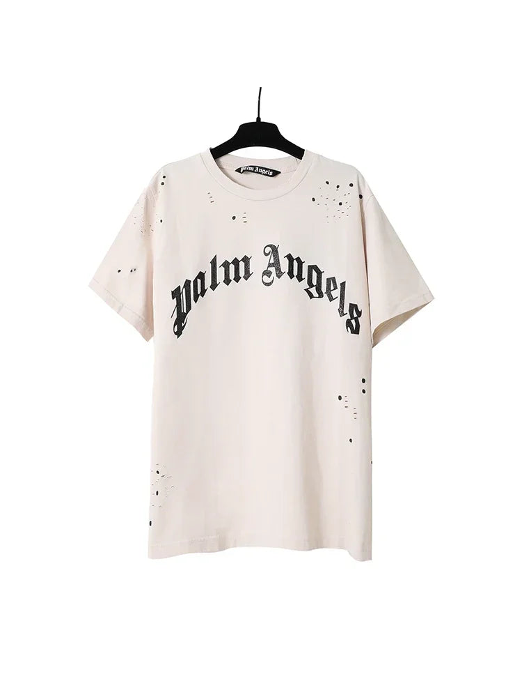 Palm Angels Summer Fashion Trend Ink Splash Holes Do Old Design Letters Printed Short-Sleeved T-Shirt Men and Women Cotton Tops Alidrop