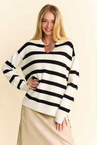 Davi & Dani High-Low Side Slit Striped Johnny Collar Sweater Trendsi